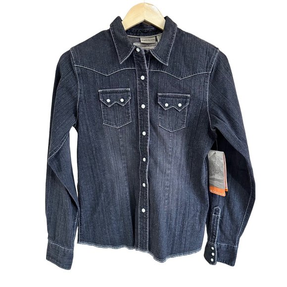 Ruff Hem Tops - NWT Ruff Hewn Denim Shirt Western Womens Size Small Black Gray Pearl Snaps